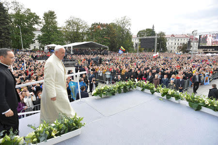 Pope Francis meets with faithful in Vilnius, Lithuania, September 22, 2018. Vatican Media/Handout via REUTERS