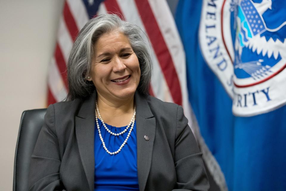Mary De Anda-Ybarra was selected to lead ICE’s regional Enforcement and Removal Operations in El Paso. She is shown during a Q&A on May 5 at the U.S. Immigration and Customs Enforcement El Paso Field Office.