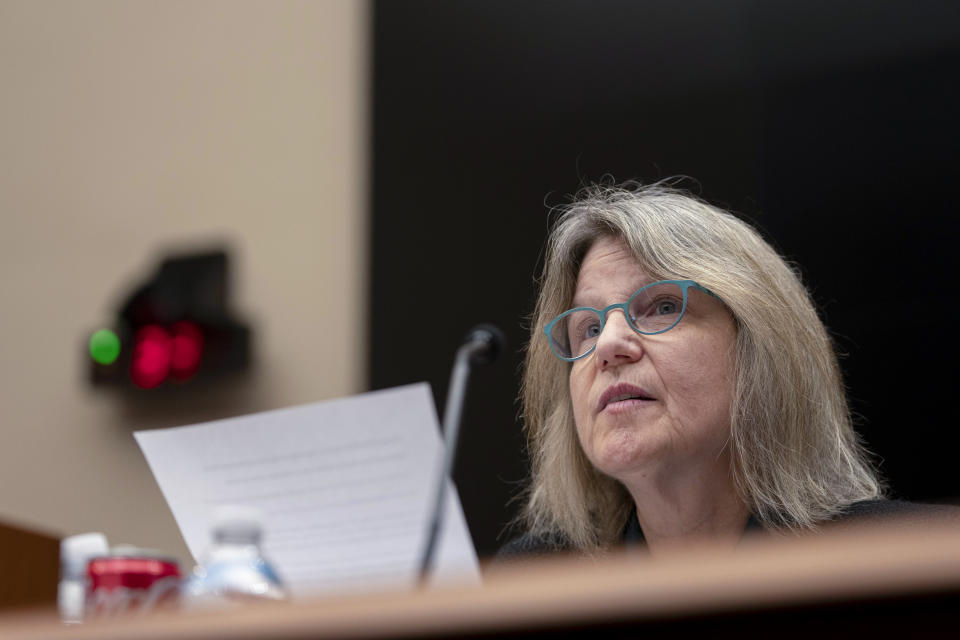 Massachusetts Institute of Technology (MIT) President Sally Kornbluth reads her opening statement during a hearing of the House Committee on Education on Capitol Hill, Tuesday, Dec. 5, 2023 in Washington. (AP Photo/Mark Schiefelbein)