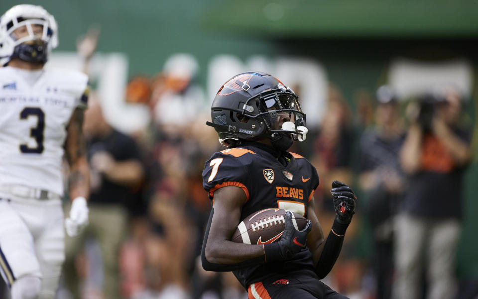 Oregon State wide receiver Silas Bolden scores a touchdown against Montana State during the first half of an NCAA college football game in Portland, Ore., Saturday, Sept. 17, 2022. (AP Photo/Craig Mitchelldyer)