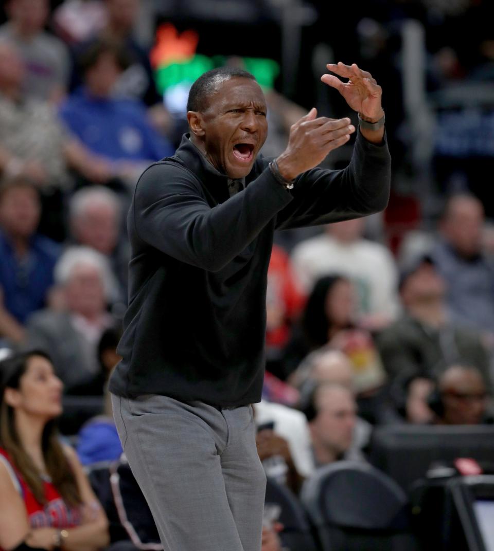 Pistons head coach Dwane Casey reacts April 6, 2022 against the Mavericks at Little Caesars Arena.