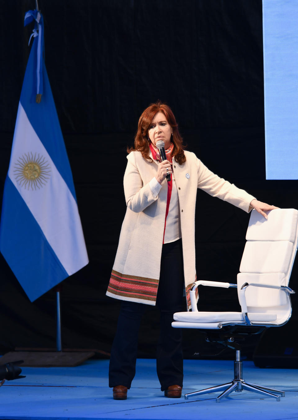 Former President Cristina Fernandez, who is running as a presidential candidate running mate, speaks during a campaign rally, in Buenos Aires, Argentina, Saturday, May 25, 2019. After her surprise announcement last week that she will run for vice president in October’s general elections, Cristina Fernandez along with her running mate presidential candidate contender Alberto Fernandez, kicked off their campaign with a political rally on the outskirts of Buenos Aires on Saturday. (AP Photo/Gustavo Garello)