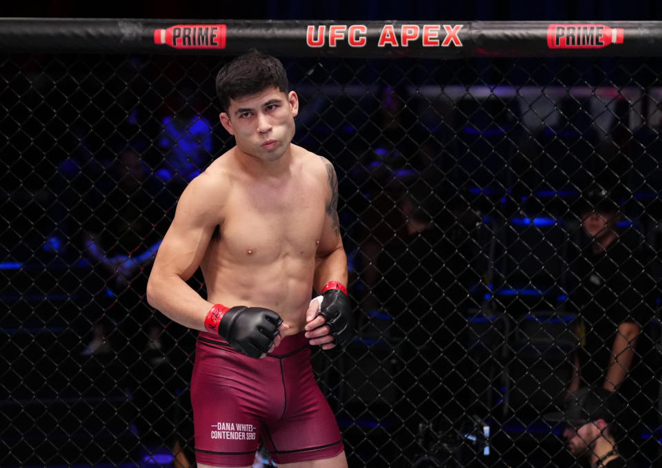 LAS VEGAS, NEVADA – AUGUST 15: Hyder Amil of the Philippines prepares to face Emrah Sonmez of Turkey in a featherweight fight during Dana White’s Contender Series season seven, week two at UFC APEX on August 15, 2023 in Las Vegas, Nevada. (Photo by Louis Grasse/Zuffa LLC via Getty Images)