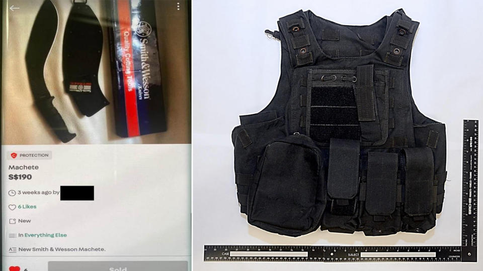 The Carousell listing (left) of the machete that the youth had intended to purchase for his attacks and the tactical vest (right) that he bought online for the same purpose. (PHOTOS: MHA)