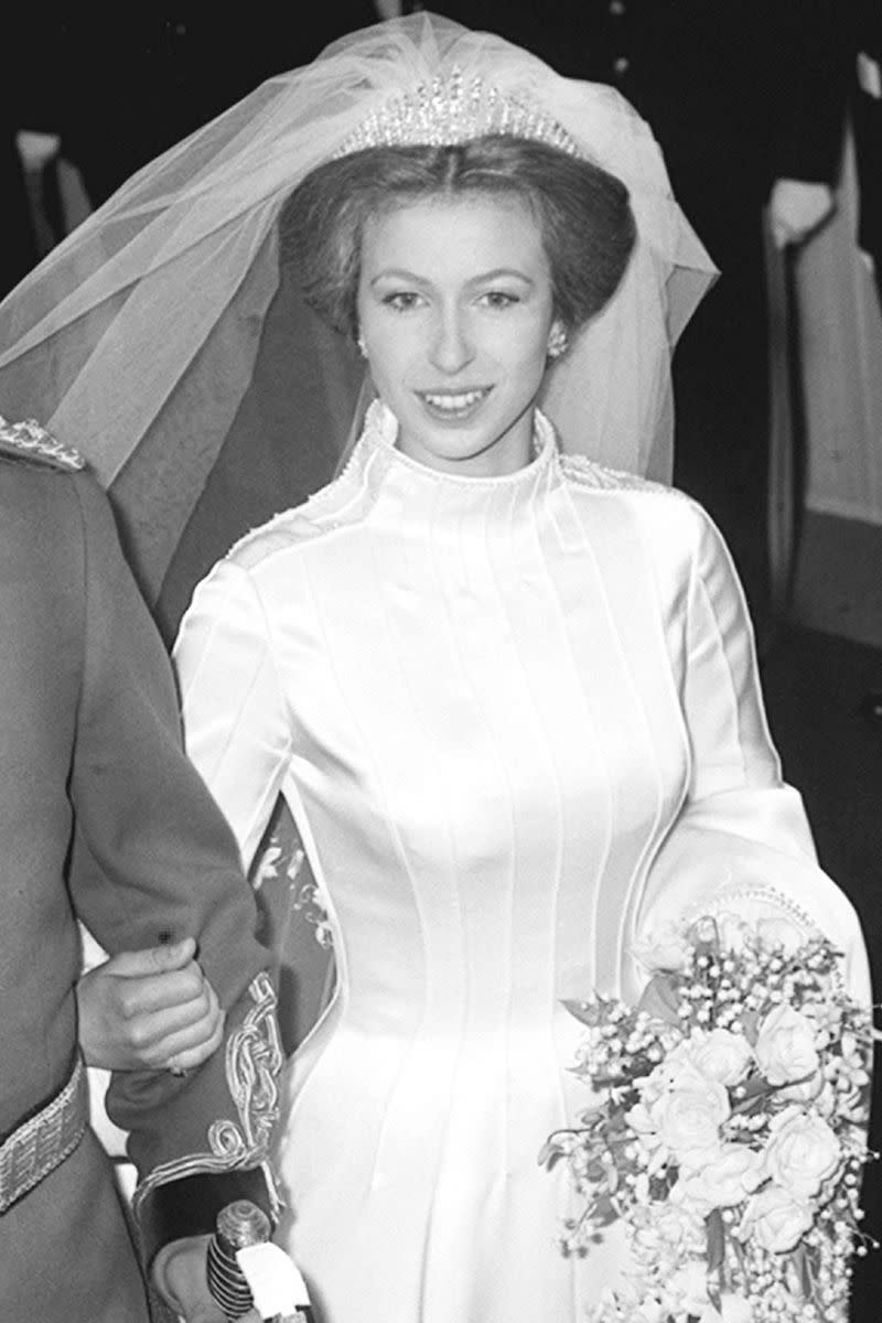 <p>This tiara was almost worn by the Queen on her wedding day, but it broke shortly before the ceremony. It is better known now as the tiara worn by the Queen's daughter, Princess Anne, on her wedding day, and does double duty as a necklace too. It was made for Queen Mary in 1919 using diamonds from a tiara that she'd received from Queen Victoria as a wedding gift. Mary later gave the tiara to the Queen Mother, who in turn left it to the Queen.<br></p>