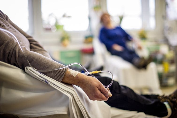 <span class="caption">Combining PKC-inhibitors with chemotherapy will make treatments more effective.</span> <span class="attribution"><a class="link " href="https://www.shutterstock.com/image-photo/cancer-patients-receiving-chemotherapy-treatment-hospital-529109200" rel="nofollow noopener" target="_blank" data-ylk="slk:napocska/ Shutterstock;elm:context_link;itc:0;sec:content-canvas">napocska/ Shutterstock</a></span>