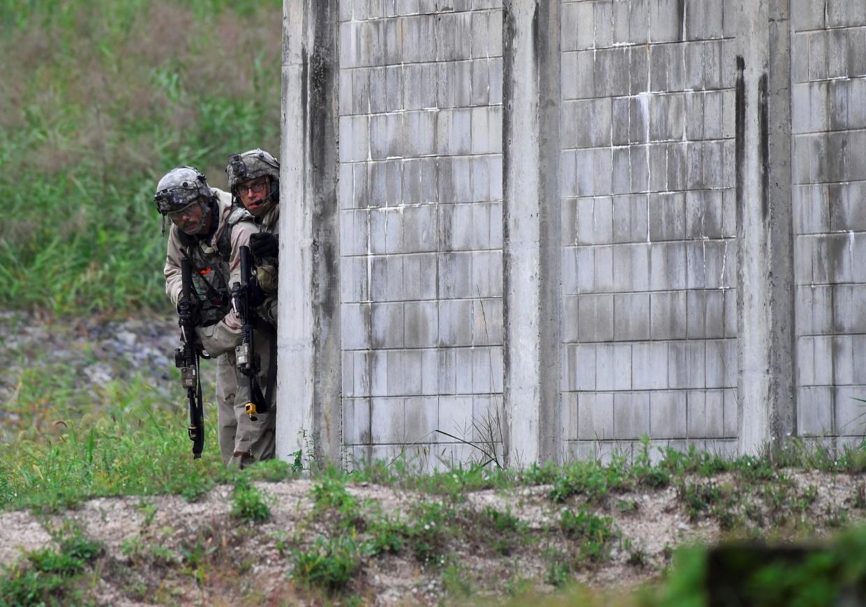 US soldiers participate in a South Korea-US combined arms collective training exercise at the US army's Rodriguez shooting range in Pocheon, about 70 km northeast of Seoul near the heavily-fortified border with North Korea on September 19, 2017: AFP/Getty Images