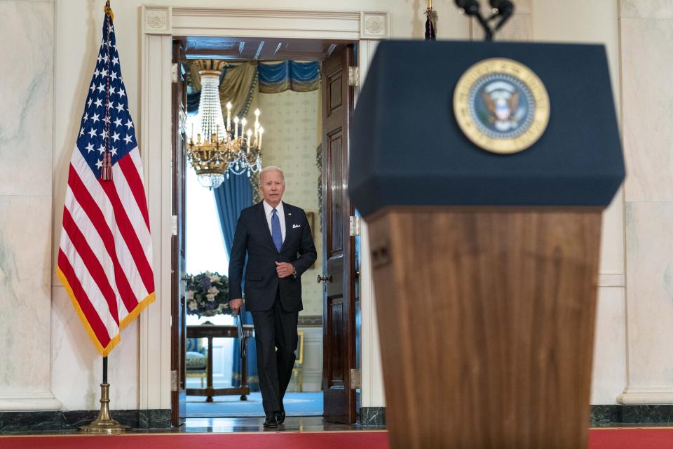President Joe Biden arrives to speak at the White House in Washington, Friday, June 24, 2022, after the Supreme Court overturned Roe v. Wade. (AP Photo/Andrew Harnik)