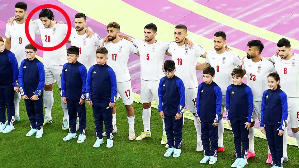 Iran players, pictured here after being forced to sing the national anthem at the World Cup.
