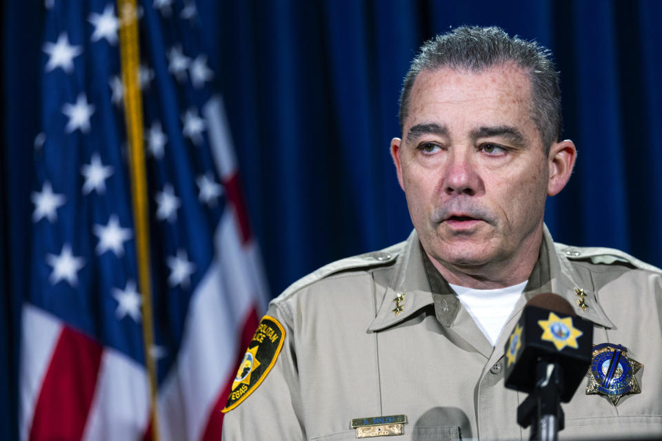 Las Vegas Assistant Clark County Sheriff Andrew Walsh talks during a news conference about the shooting that left Officer Truong Thai dead the week before, Monday, Oct. 17, 2022, in Las Vegas. (Chase Stevens/Las Vegas Review-Journal via AP)