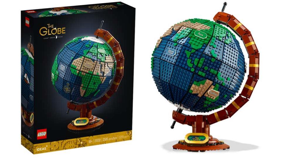 The new spinning globe LEGO set, along with packaging.