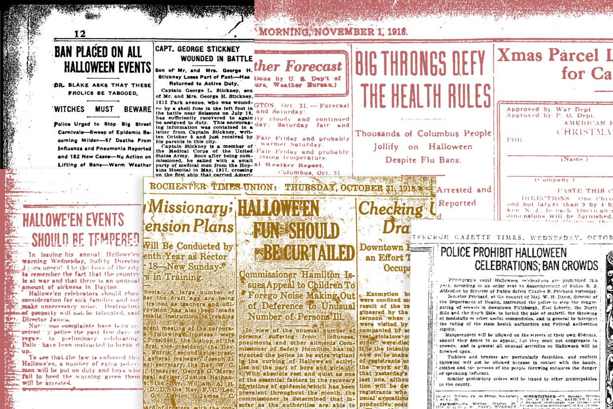 Newspaper headlines about Halloween precautions, 1918