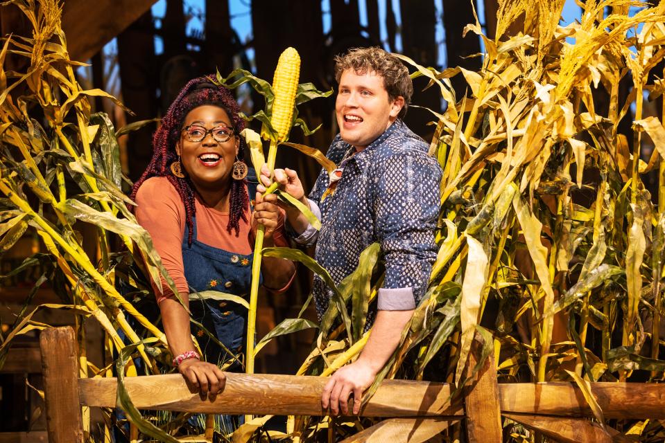 Ashley D. Kelley, left, and Grey Henson play the 'Storytellers' in the Broadway musical 'Shucked'