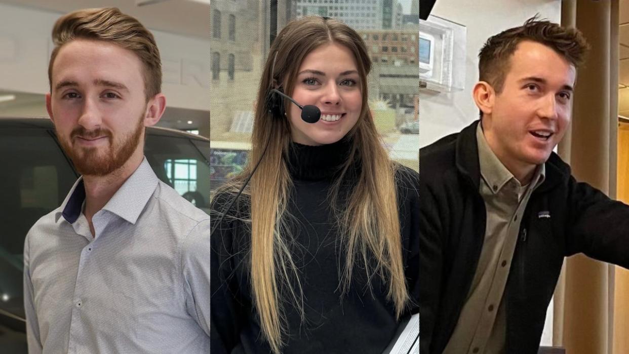 Journalism students Justin Koehler, Emma Kelly and Noah Brennan, left to right, are graduating this year. They say although the Canadian media landscape is changing, they're confident the skills they've learned will allow them to succeed.  (Submitted - image credit)