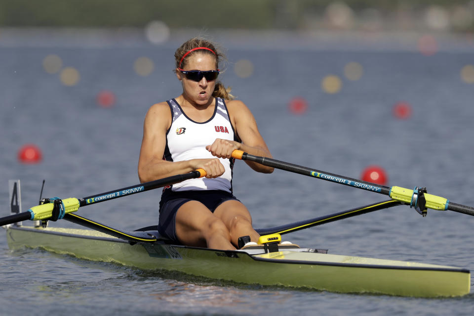 Genevra Stone, of United States, competes in the women's rowing single sculls quarterfinal heats during the 2016 Summer Olympics in Rio de Janeiro, Brazil, Tuesday, Aug. 9, 2016. (AP Photo/Luca Bruno)