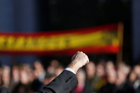 FILE PHOTO: A supporter of former Spanish dictator General Francisco Franco raises his fist during a gathering in Madrid commemorating the 38th anniversary of Franco's death November 24, 2013. REUTERS/Juan Medina/File Photo