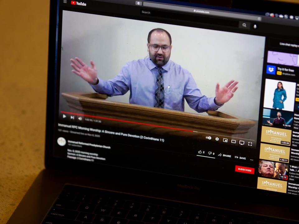 A video uploaded to Immanuel Reformed Presbyterian Church's YouTube account on Nov. 8, 2020, shows Jared Olivetti, pastor of the West Lafayette, Ind., church, leading a prayer. Photographed Tuesday, Nov. 23, 2021, in Indianapolis.