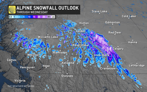 B.C.-Alberta alpine snowfall projections through Wednesday