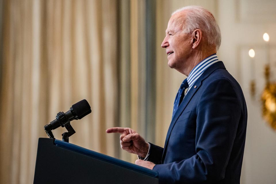 WASHINGTON, DC - MARCH 06: President Joe Biden speaks from the State Dining Room following the passage of the American Rescue Plan in the U.S. Senate at the White House on March 6, 2021 in Washington, DC. The Senate passed the bill 50-49 which will go back to the House for a final vote.