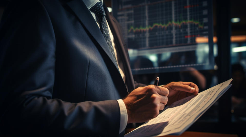 A close-up of a professional in a suit discussing financial transactions.