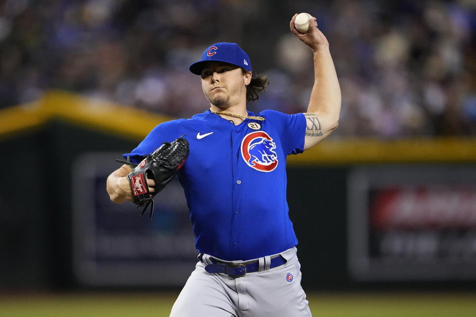 Chicago Cubs starting pitcher Justin Steele throws against the Arizona Diamondbacks during the first inning of a baseball game, Friday, Sept. 15, 2023, in Phoenix. (AP Photo/Matt York)