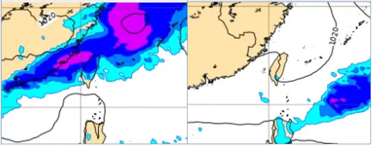 最新(8日20時)歐洲(ECMWF)模式，下週一(11日)20時地面氣壓及降水模擬圖顯示，中部以北有明顯降雨(左圖)。下週二(12日)20時地面氣壓及降水模擬圖顯示，鋒面已遠離、各地雨已停(右圖)。取自氣象應用推廣基金會