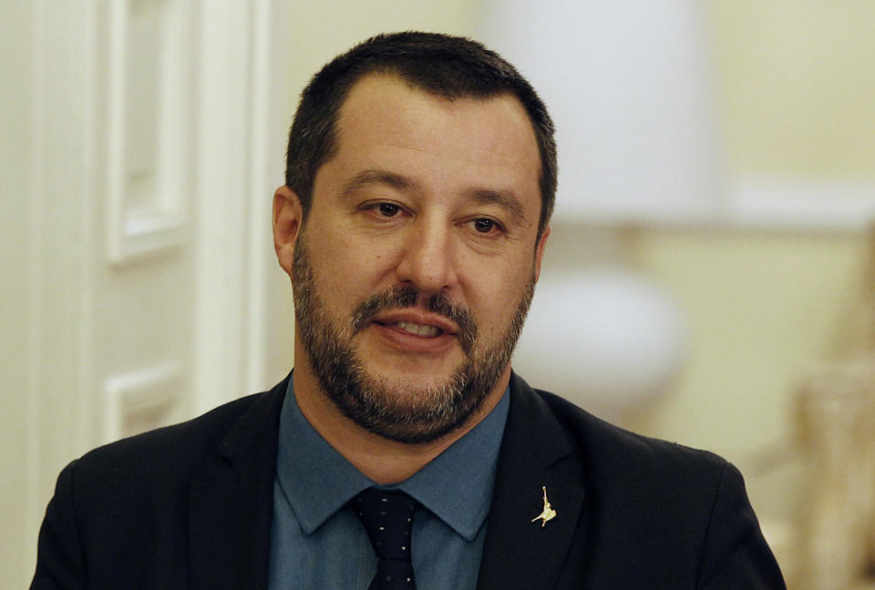 Italian Interior Minister Matteo Salvini speaks to reporters following his talks with Jaroslaw Kaczynski, leader of Poland's Law and Justice party, at the Italian Embassy in Warsaw, Poland, on Wednesday, Jan. 9, 2019. His visit is seen as sounding out a possible alliance with Poland's ruling EU-skeptic party ahead of spring elections for the European Parliament..(AP Photo/Czarek Sokolowski)