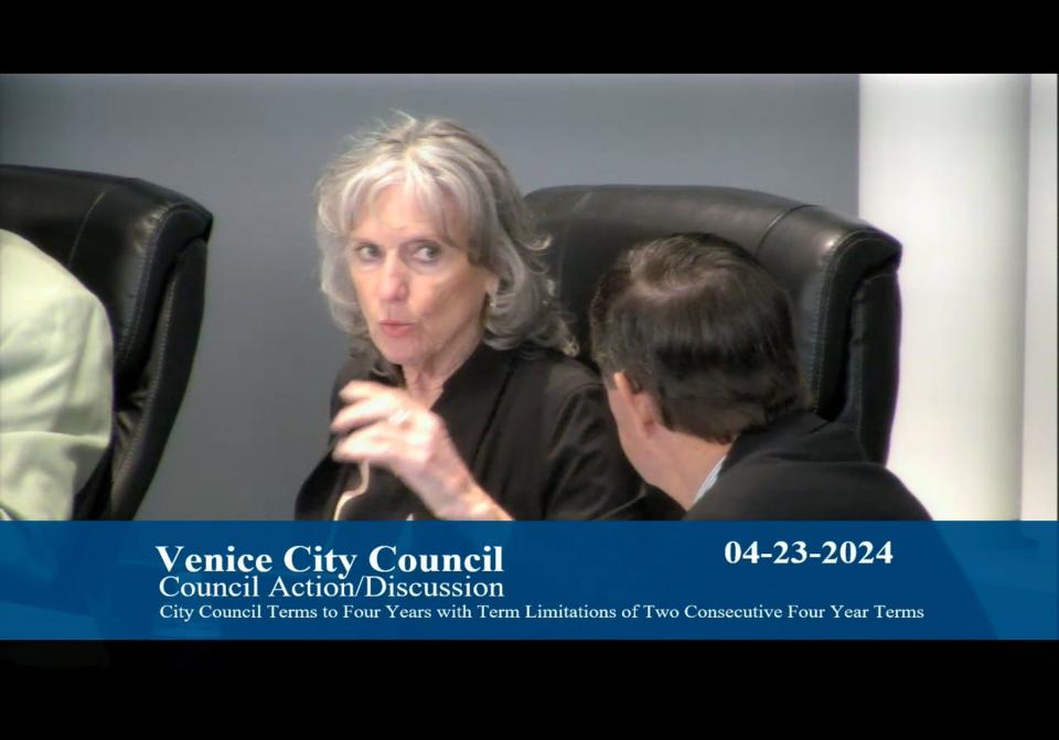 Venice City Council Member Helen Moore, left, chastises fellow concil member Ron Smith for the words he used to criticize a plan to transition the council from three-year terms to four-year terms.