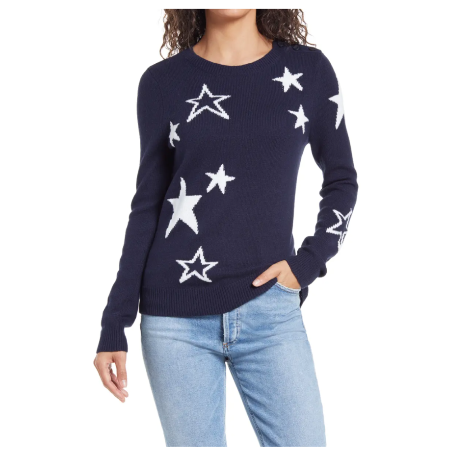 1901 Shoulder Button Crewneck Sweater. Image via Nordstrom.