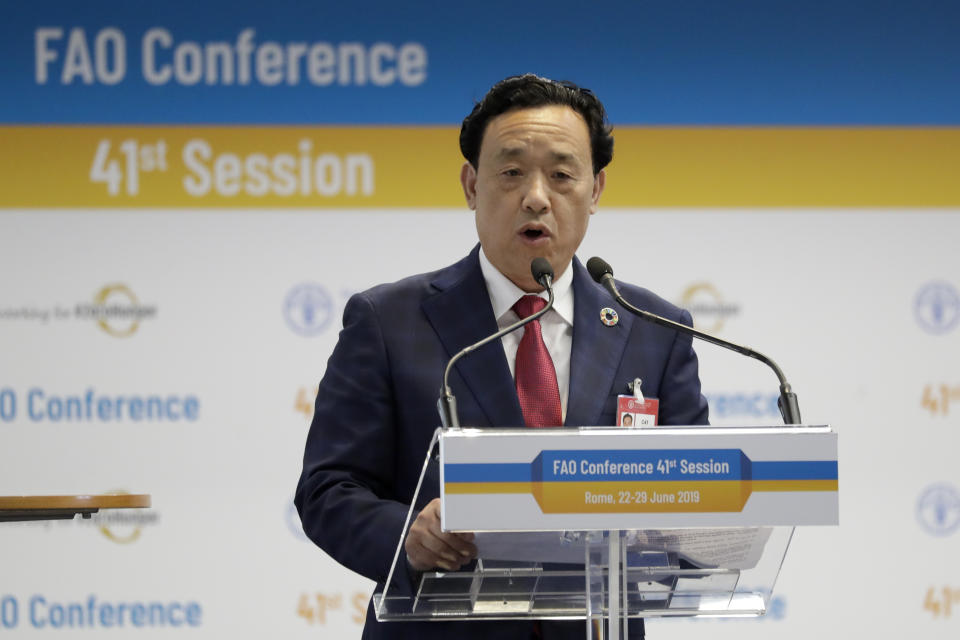 Qu Dongyu from China, one of the candidates for the Director-General position of the FAO (UN Food and Agriculture Organization), addresses a plenary meeting of the 41st Session of the Conference, at the FAO headquarters in Rome, Saturday, June 22, 2019. The new FAO Director-General will be voted on Sunday. (AP Photo/Andrew Medichini)
