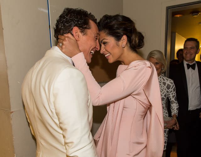 HOLLYWOOD, CA – MARCH 02: Matthew McConaughey and Camila Alves kiss backstage during the Oscars held at Dolby Theatre on March 2, 2014 in Hollywood, California. (Photo by Christopher Polk/Getty Images)<br>