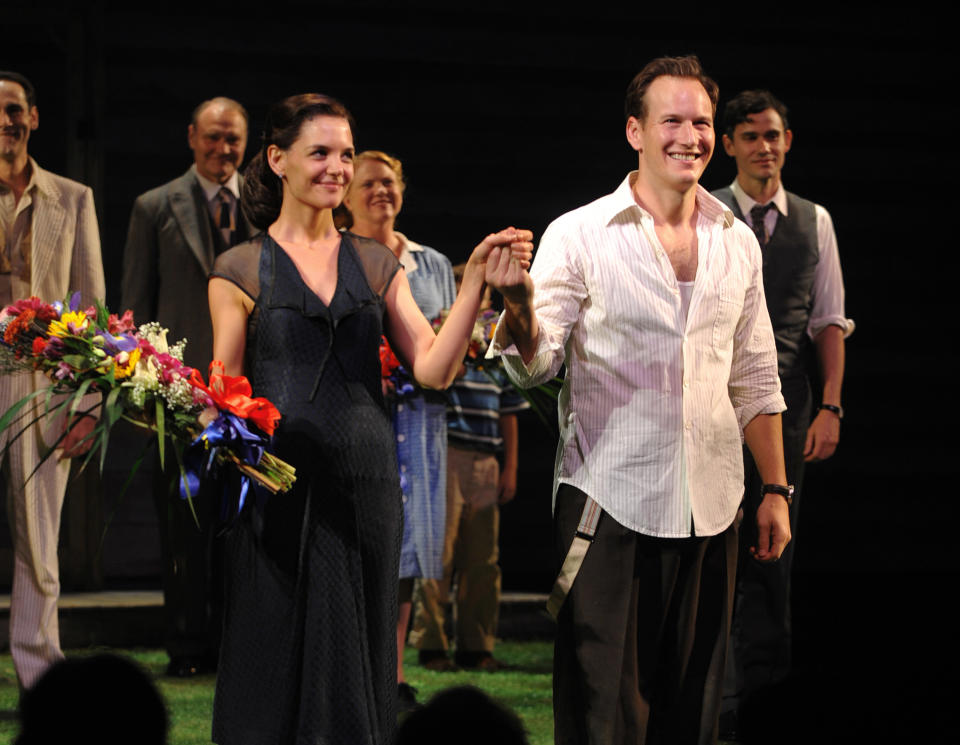 FILE - This Oct. 16, 2008 file photo shows actors Katie Holmes, left, and Patrick Wilson at the opening night of the Broadway play "All My Sons" in New York. At just 33, Holmes is emerging from the public hysteria of her relationship with Cruise with open roads ahead, and, possibly, renewed ambition. (AP Photo/Peter Kramer, file)