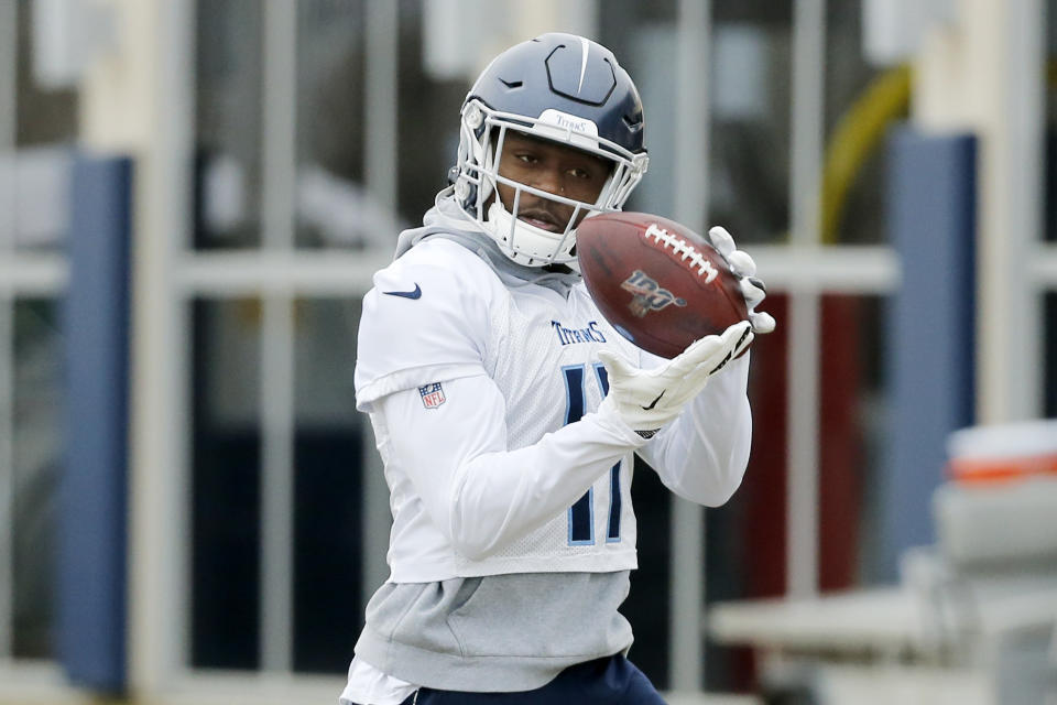 Tennessee Titans wide receiver A.J. Brown catches a pass during an NFL football practice Friday, Jan. 17, 2020, in Nashville, Tenn. The Titans are scheduled to face the Kansas City Chiefs in the AFC Championship game Sunday. (AP Photo/Mark Humphrey)