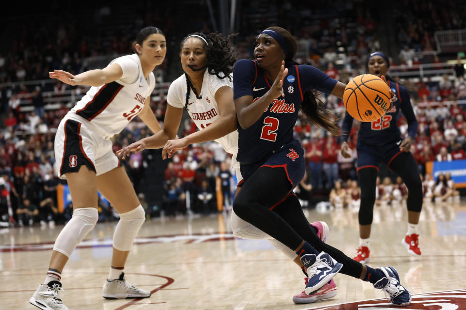 Mississippi guard Marquesha Davis (2) drives to the basketagainst Stanford guard Indya Nivar (12) during the second half of a second-round college basketball game in the women's NCAA Tournament, Sunday, March 19, 2023, in Stanford, Calif. (AP Photo/Josie Lepe)