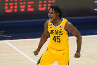 Baylor's Davion Mitchell reacts during the second half of an NCAA college basketball game against Illinois, early Thursday, Dec. 3, 2020, in Indianapolis. Baylor won 82-69. (AP Photo/Darron Cummings)