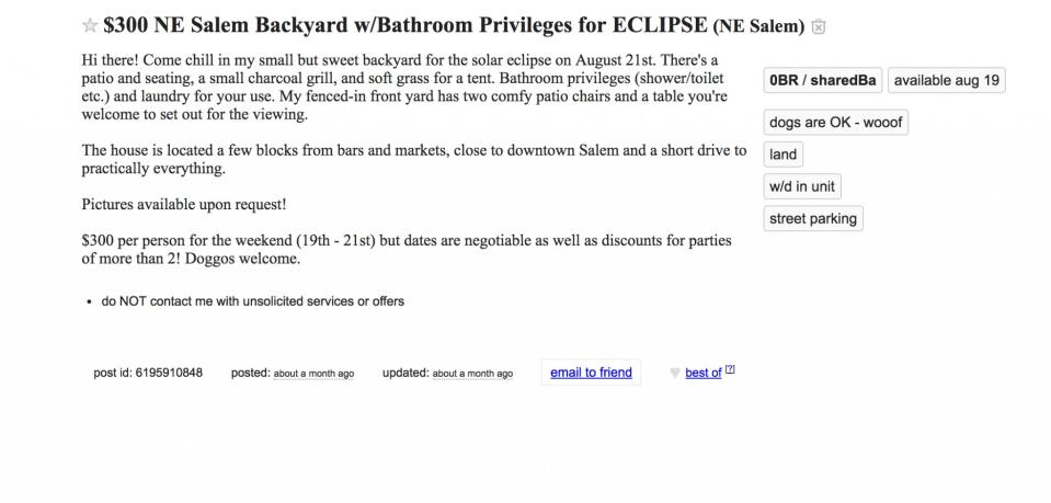 <p>En la famosa página Craigslist hay gente publicando sus propios patios como sitios para tiendas de acampar. La descripción de una publicación describe que la estadía incluye “permiso para ir al baño en la casa de los dueños” Vale alrededor de $100 por persona por noche. Crédito: Craigslist.com </p>