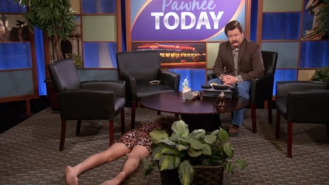 Ron on Pawnee Today with Joan on the floor in "Parks and Recreation"