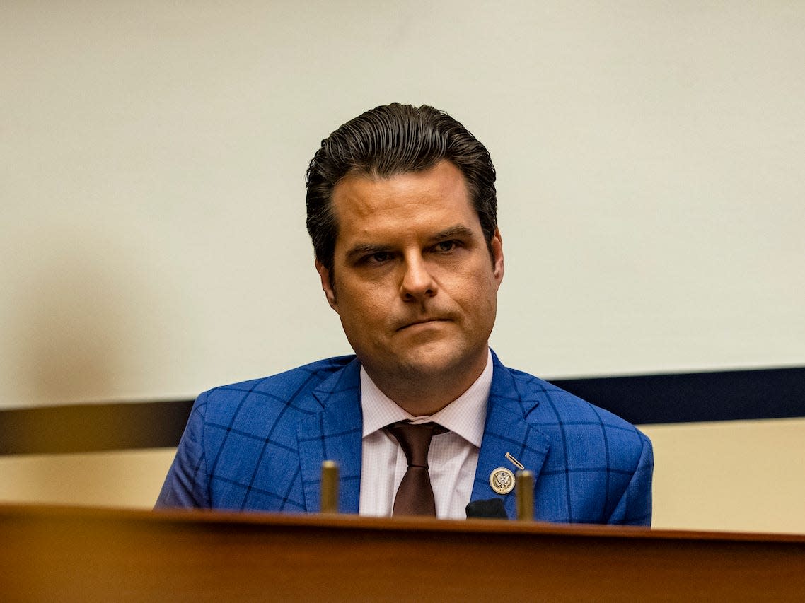 WASHINGTON, DC - DECEMBER 09: Representative Matt Gaetz (R-FL) during a House Armed Services Subcommittee hearing with members of the Fort Hood Independent Review Committee on Capitol Hill on December 9, 2020 in Washington, DC. The U.S. Army has fired or suspended 14 leaders at Fort Hood following an investigation into the death of Specialist Vanessa Guillén and numerous other deaths and reports of sexual abuse on the military base. (Photo by Samuel Corum/Getty Images)