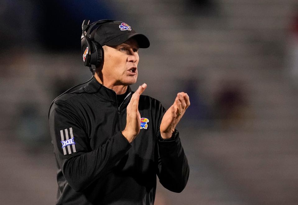 Nov 27, 2021; Lawrence, Kansas, USA; Kansas Jayhawks head coach Lance Leipold reacts after a touchdown against the West Virginia Mountaineers during the first half at David Booth Kansas Memorial Stadium. Mandatory Credit: Jay Biggerstaff-USA TODAY Sports