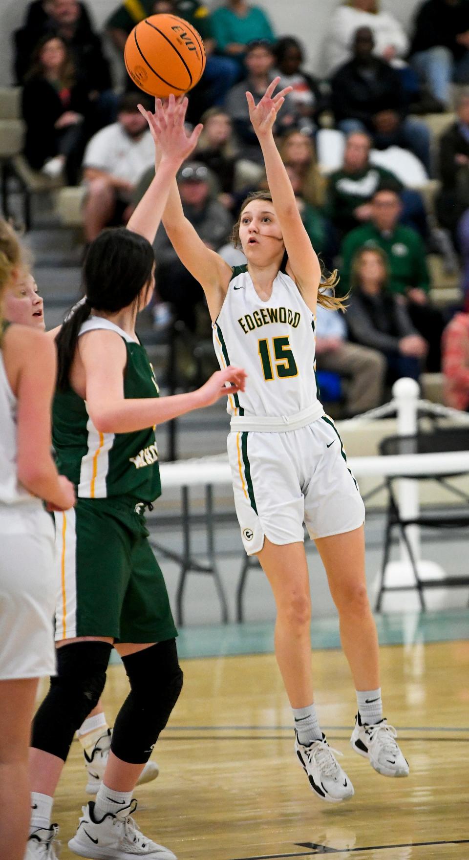 Edgewood's Molly Snow (15) shoots against Sparta  in the AISA Class AA Basketball Championship game in Montgomery, Ala., on Monday February 14, 2022.