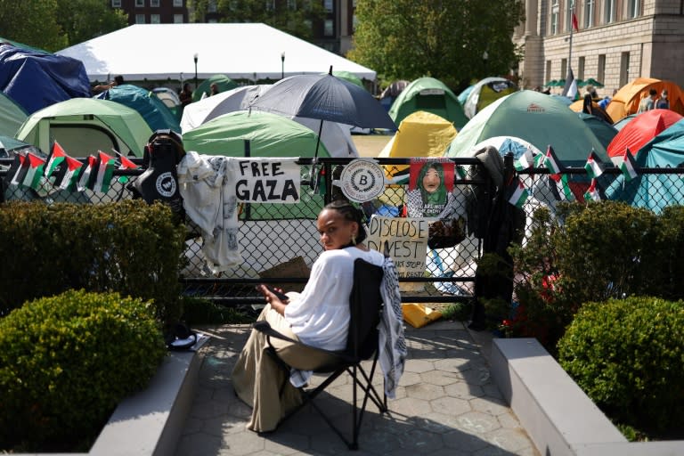 Campamento de manifestantes propalestinos en la Universidad de Columbia, en Nueva York, el 28 de abril de 2024. (Charly TRIBALLEAU)