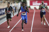 FILE - United States' Noah Lyles runs to win the the men's 1500 meter final during the Diamond League athletics meeting in Monaco, in this Friday, Aug. 14, 2020, file photo. The U.S. Olympic track trials begin Friday night, June 18, 2021, at remodeled Hayward Field. Some of the biggest events over the first week figure to be the men's 100 meters where Noah Lyles -- one of the faces of the Tokyo Games -- kicks off his bid on a potential 100-200 double. (AP Photo/Daniel Cole, Pool, File)