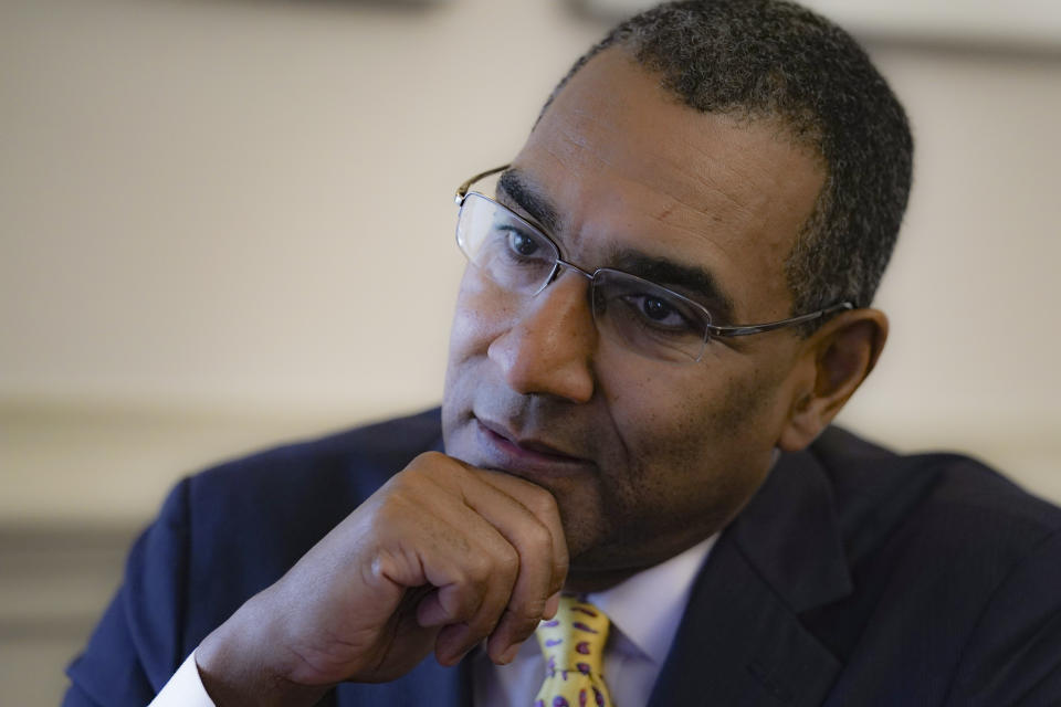 Sean Decatur, president of the American Museum of Natural History, listens during an interview, Tuesday, Oct. 17, 2023, in New York. (AP Photo/Bebeto Matthews)