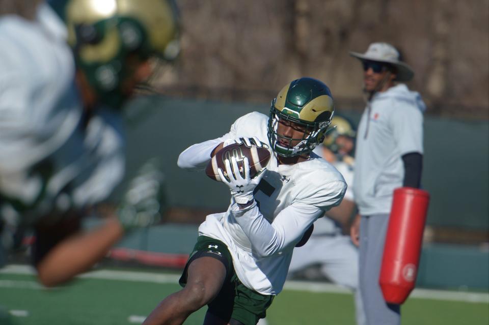 Colorado State football player Dylan Goffney makes a catch during spring practice on Tuesday, April 2, 2024.