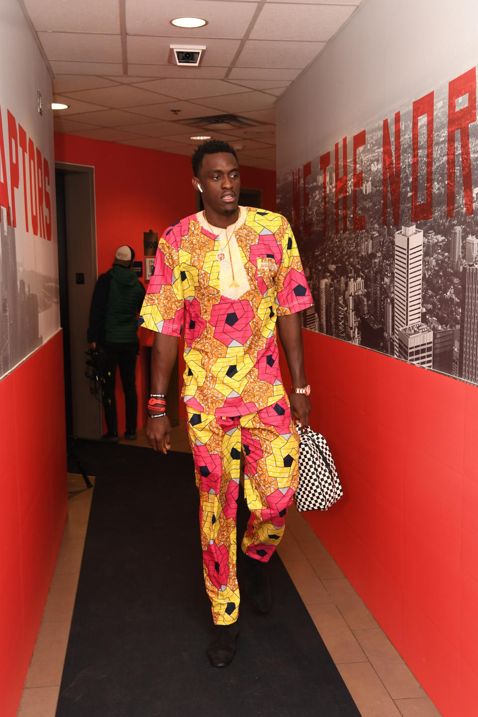 Pascal Siakam wears a vibrant geometric print shirt and pant combo ahead of Game 1 for the Toronto Raptors vs. Orlando Magic on April 13.