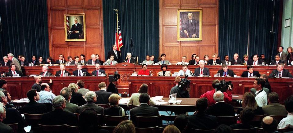 Members of the House Judiciary Committee discuss articles of impeachment against US President Bill Clinton Dec. 11, 1998, on Capitol Hill in Washington, D.C. | Paul Richards—AFP via Getty Images