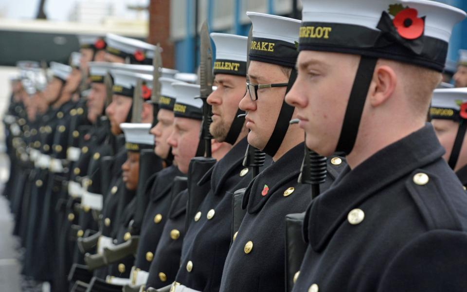 Royal Navy sailors rehearse at HMS Excellent, Portsmouth, for the Remembrance Day commemorations in London - PA