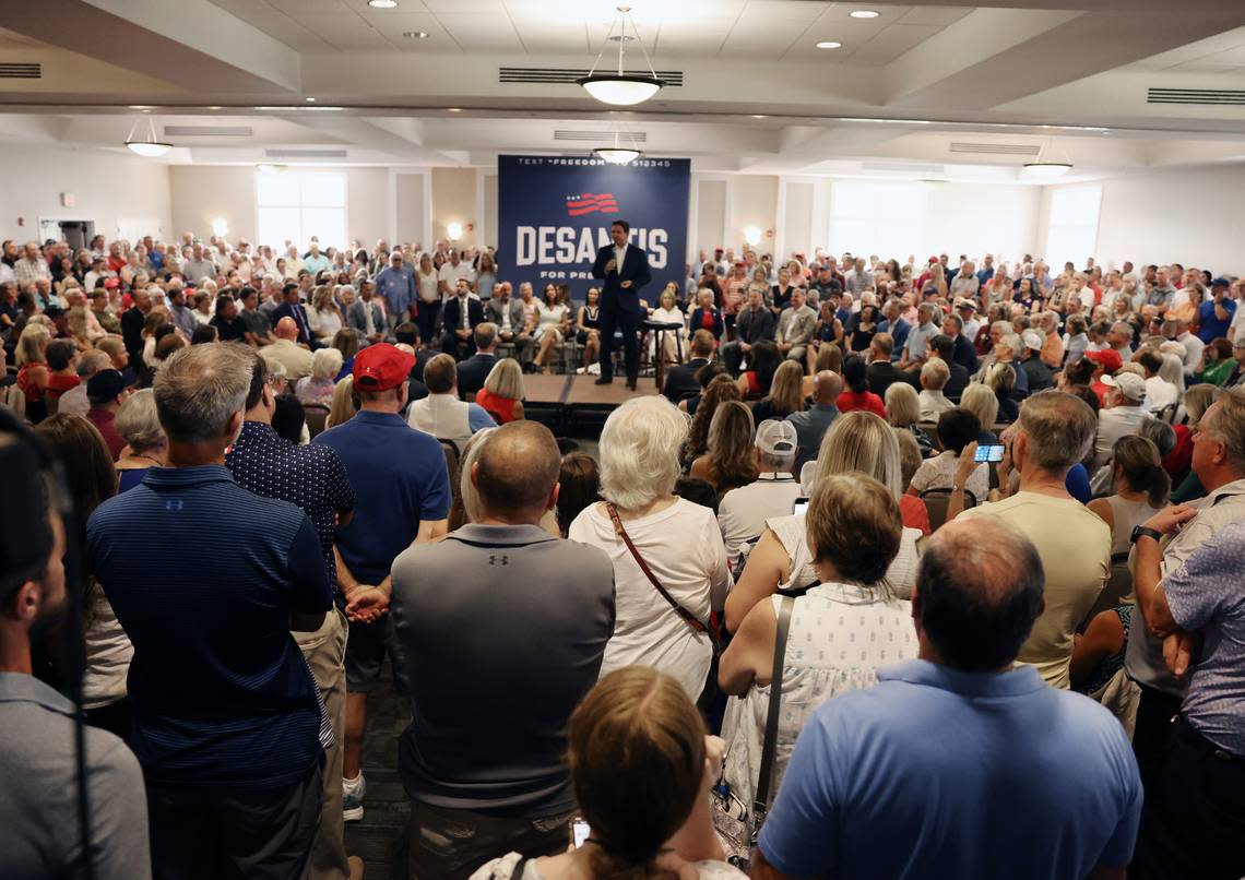 U.S. presidential hopeful Ron Desantis speaks to a crowd of hundreds Monday, July 17, 2023 at the Tega Cay Country Club in Tega Cay, S.C. Tracy Kimball/tkimball@heraldonline.com