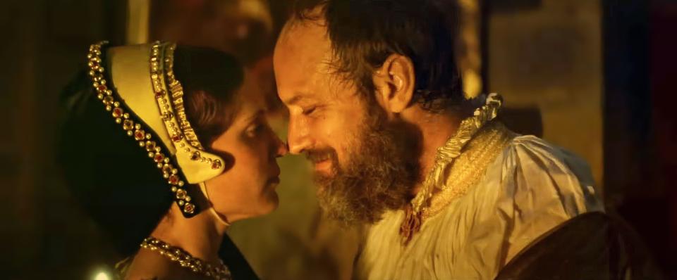 Alicia Vikander as Katherine Parr and Jude Law as Henry VIII are nose to nose in the film Firebrand. 