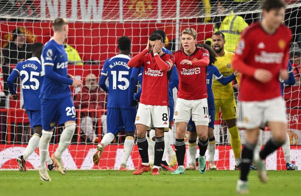 Bruno Fernandes' spot-kick was saved by Robert Sanchez (AFP via Getty Images)